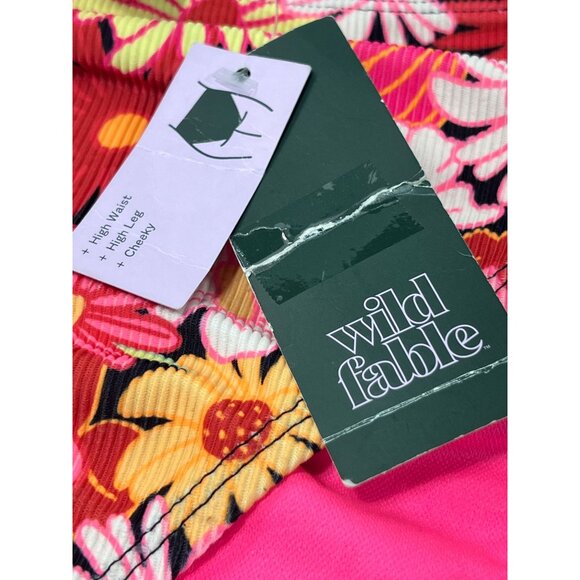 Wild Fable-Women's Ribbed High Waist High Leg Cheeky Bikini Bottom-Black/Pink-XS - Picture 11 of 12